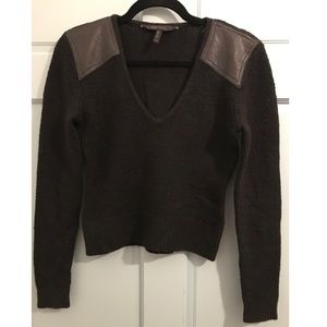 BCBGMAXAZRIA Women’s Crop V-Neck Pullover Faux-Leather-Patch Sweater